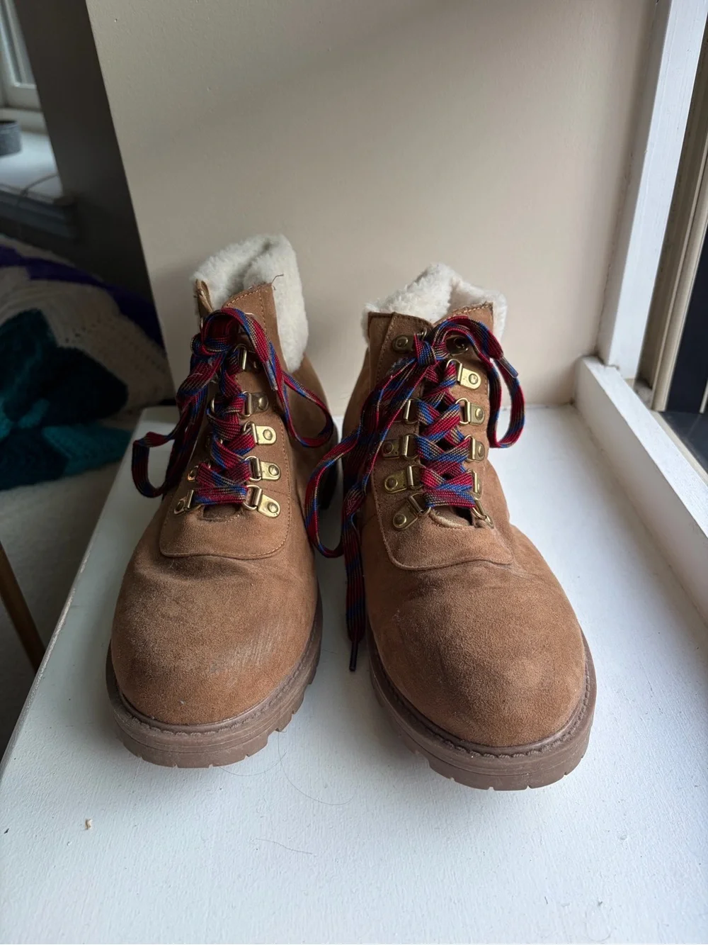 Faux-Shearling Collar Brown Suede Lace-Up Women's Boot